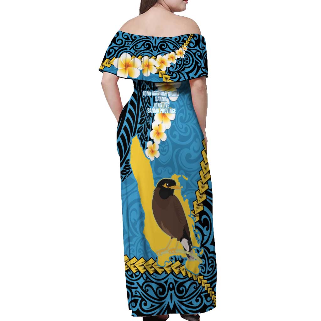 Sanma Province Off Shoulder Maxi Dress Vanuatu Pattern Myna Bird - Plumeria Flag Color LT14 - Polynesian Pride