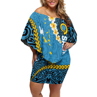 Sanma Province Off Shoulder Short Dress Vanuatu Pattern Myna Bird - Plumeria Flag Color LT14 Women Blue - Polynesian Pride