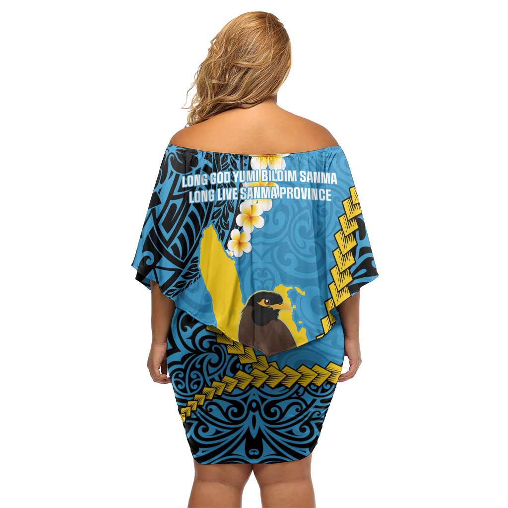 Sanma Province Off Shoulder Short Dress Vanuatu Pattern Myna Bird - Plumeria Flag Color LT14 - Polynesian Pride