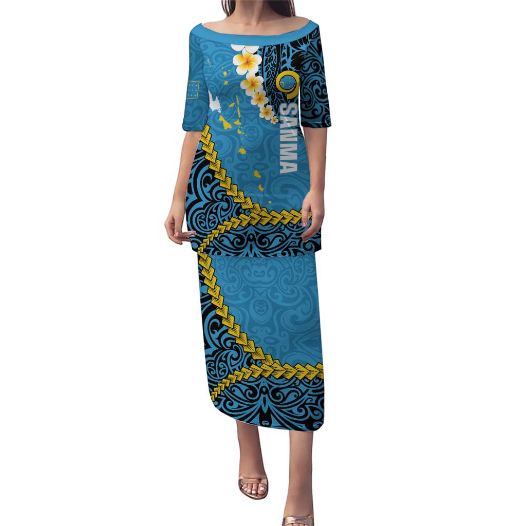 Sanma Province Puletasi Vanuatu Pattern Myna Bird - Plumeria Flag Color LT14 Long Dress Blue - Polynesian Pride