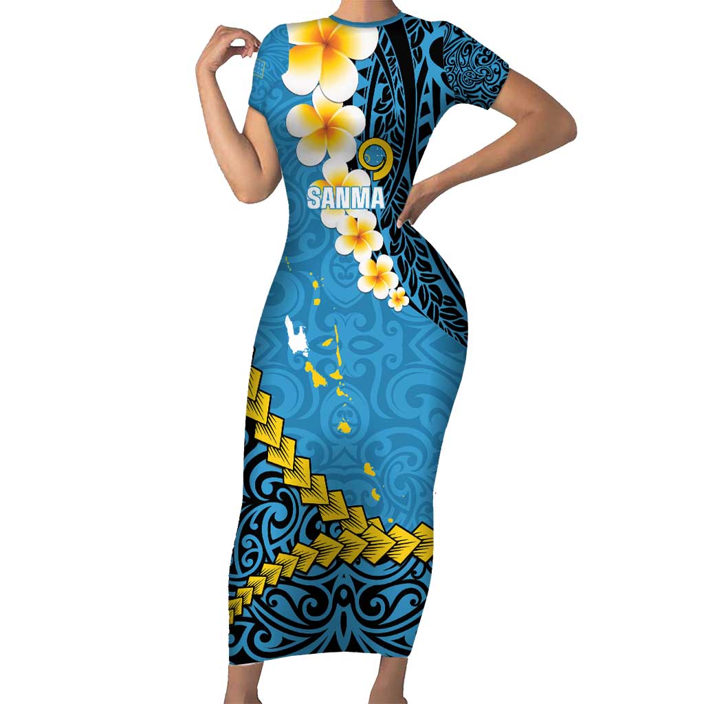 Sanma Province Short Sleeve Bodycon Dress Vanuatu Pattern Myna Bird - Plumeria Flag Color