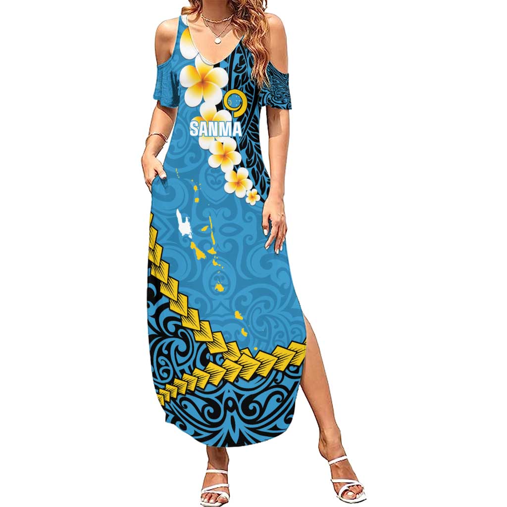 Sanma Province Summer Maxi Dress Vanuatu Pattern Myna Bird - Plumeria Flag Color LT14 Women Blue - Polynesian Pride