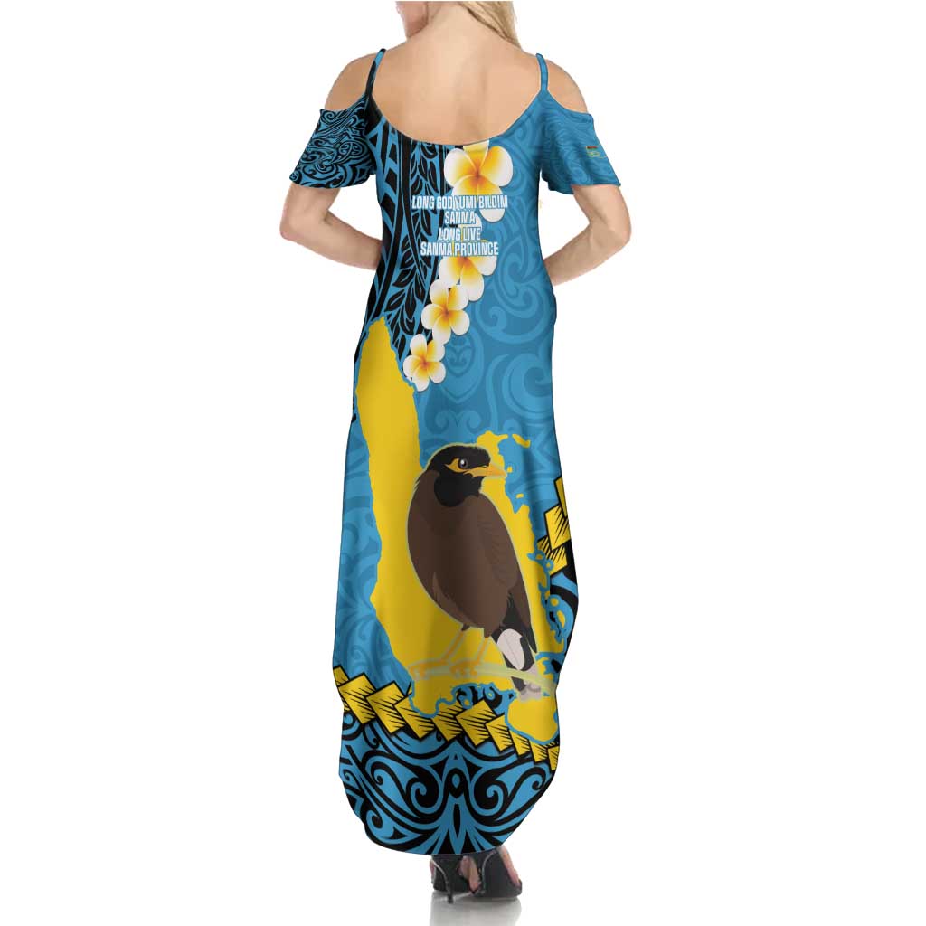 Sanma Province Summer Maxi Dress Vanuatu Pattern Myna Bird - Plumeria Flag Color LT14 - Polynesian Pride