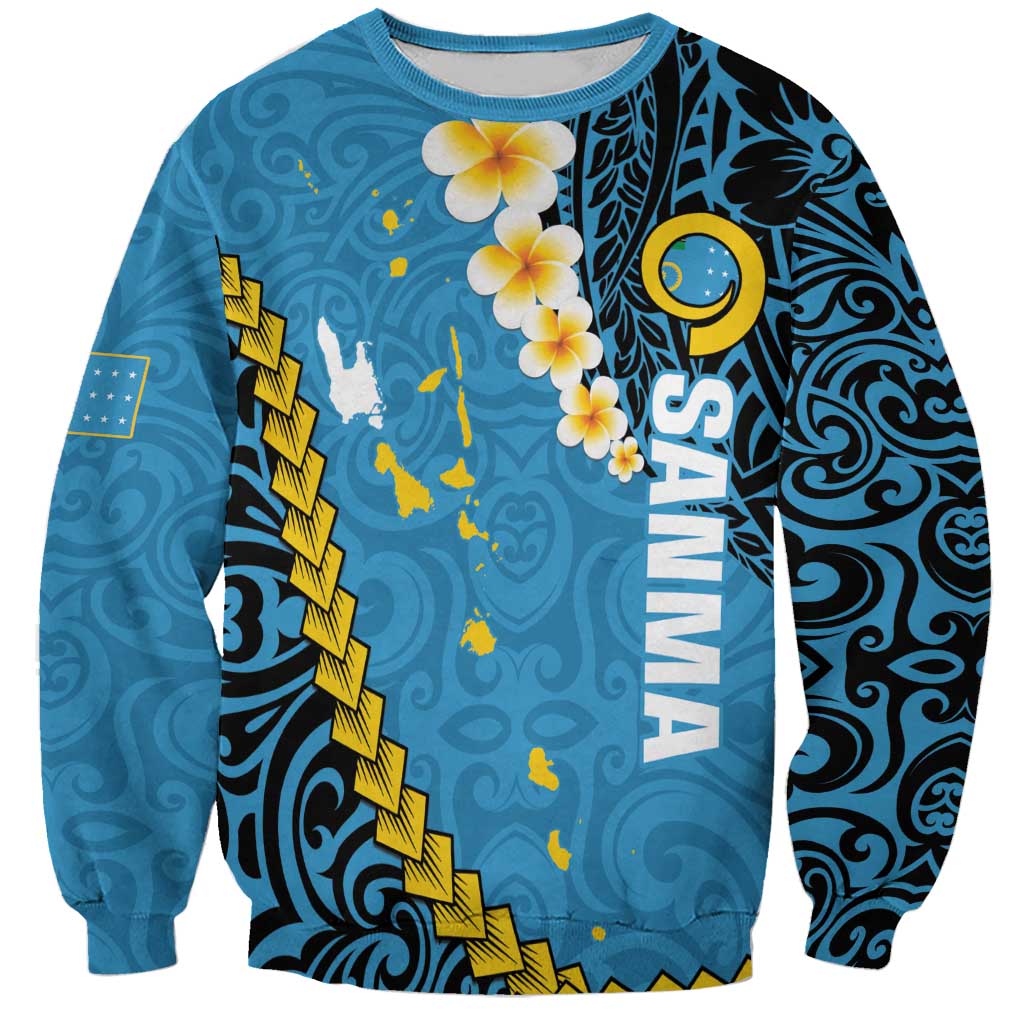 Sanma Province Sweatshirt Vanuatu Pattern Myna Bird - Plumeria Flag Color LT14 Unisex Blue - Polynesian Pride