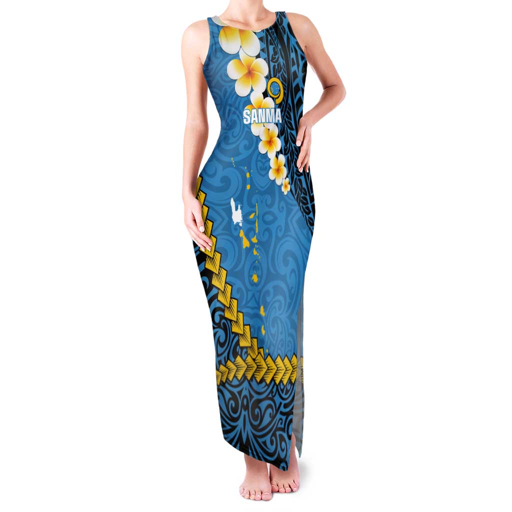 Sanma Province Tank Maxi Dress Vanuatu Pattern Myna Bird - Plumeria Flag Color LT14 Women Blue - Polynesian Pride