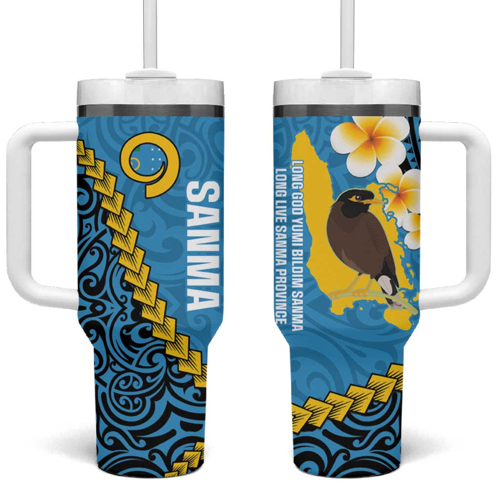 Sanma Province Tumbler With Handle Vanuatu Pattern Myna Bird With Plumeria Flag Color LT14 One Size: 40 oz Blue - Polynesian Pride