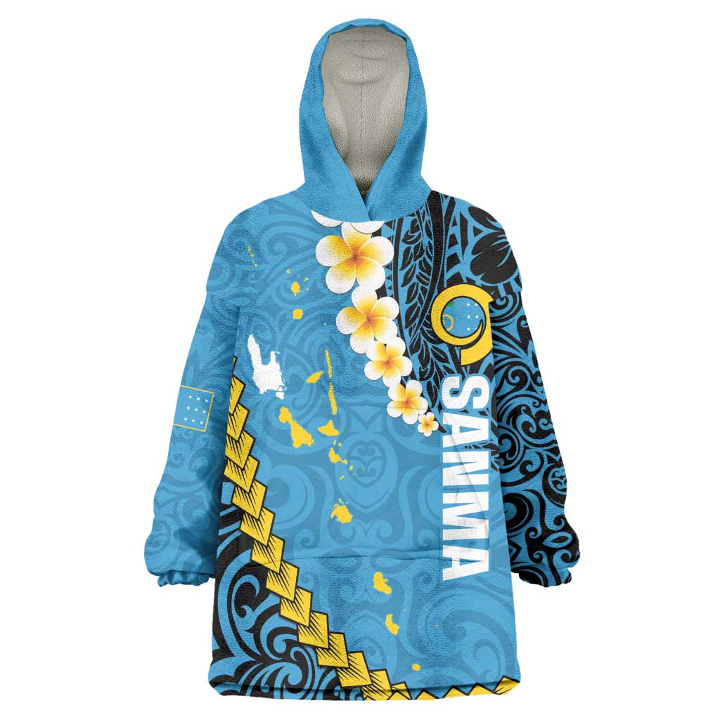 Sanma Province Wearable Blanket Hoodie Vanuatu Pattern Myna Bird - Plumeria Flag Color