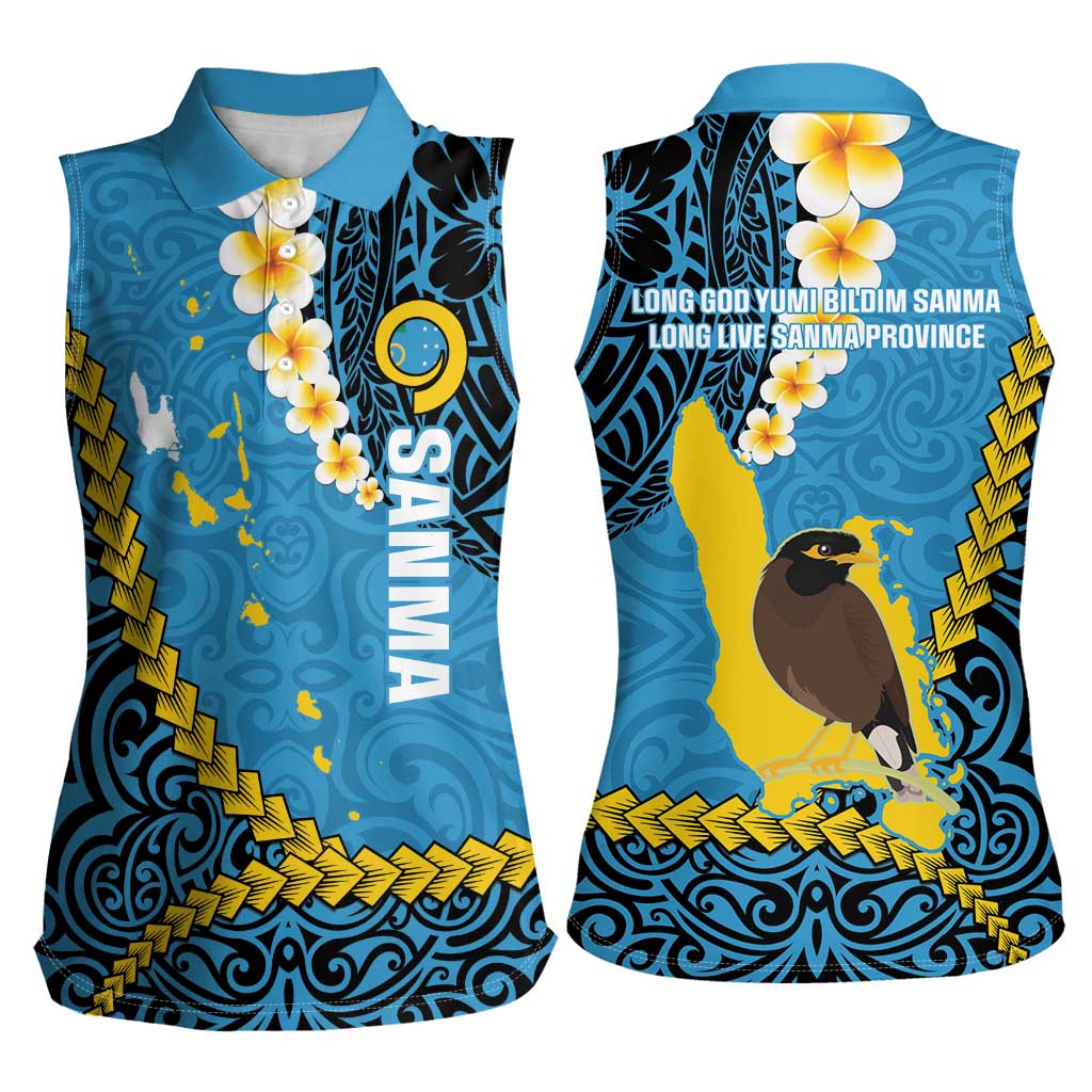 Sanma Province Women Sleeveless Polo Shirt Vanuatu Pattern Myna Bird - Plumeria Flag Color