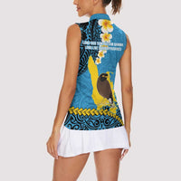 Sanma Province Women Sleeveless Polo Shirt Vanuatu Pattern Myna Bird - Plumeria Flag Color