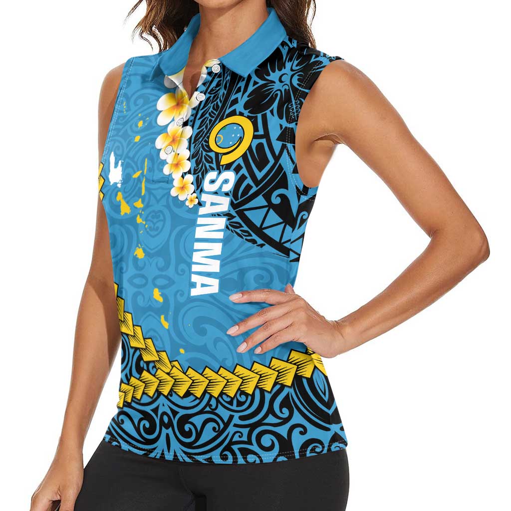 Sanma Province Women Sleeveless Polo Shirt Vanuatu Pattern Myna Bird - Plumeria Flag Color