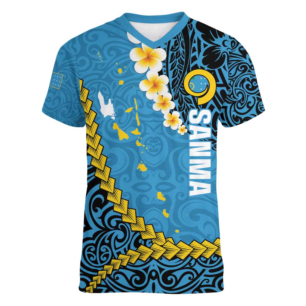 Sanma Province Women V-Neck T-Shirt Vanuatu Pattern Myna Bird - Plumeria Flag Color LT14 Female Blue - Polynesian Pride