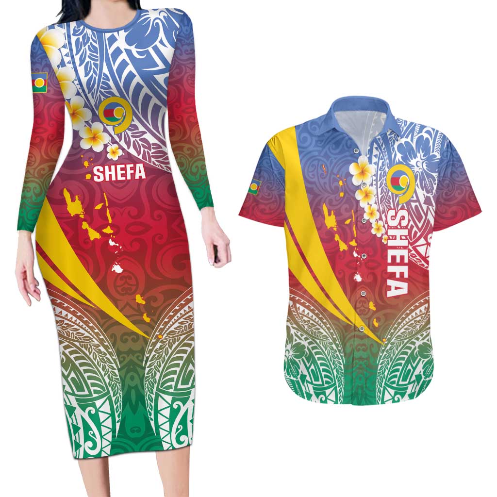 Shefa Province Couples Matching Long Sleeve Bodycon Dress and Hawaiian Shirt Vanuatu Pattern Map - Plumeria Flag Color