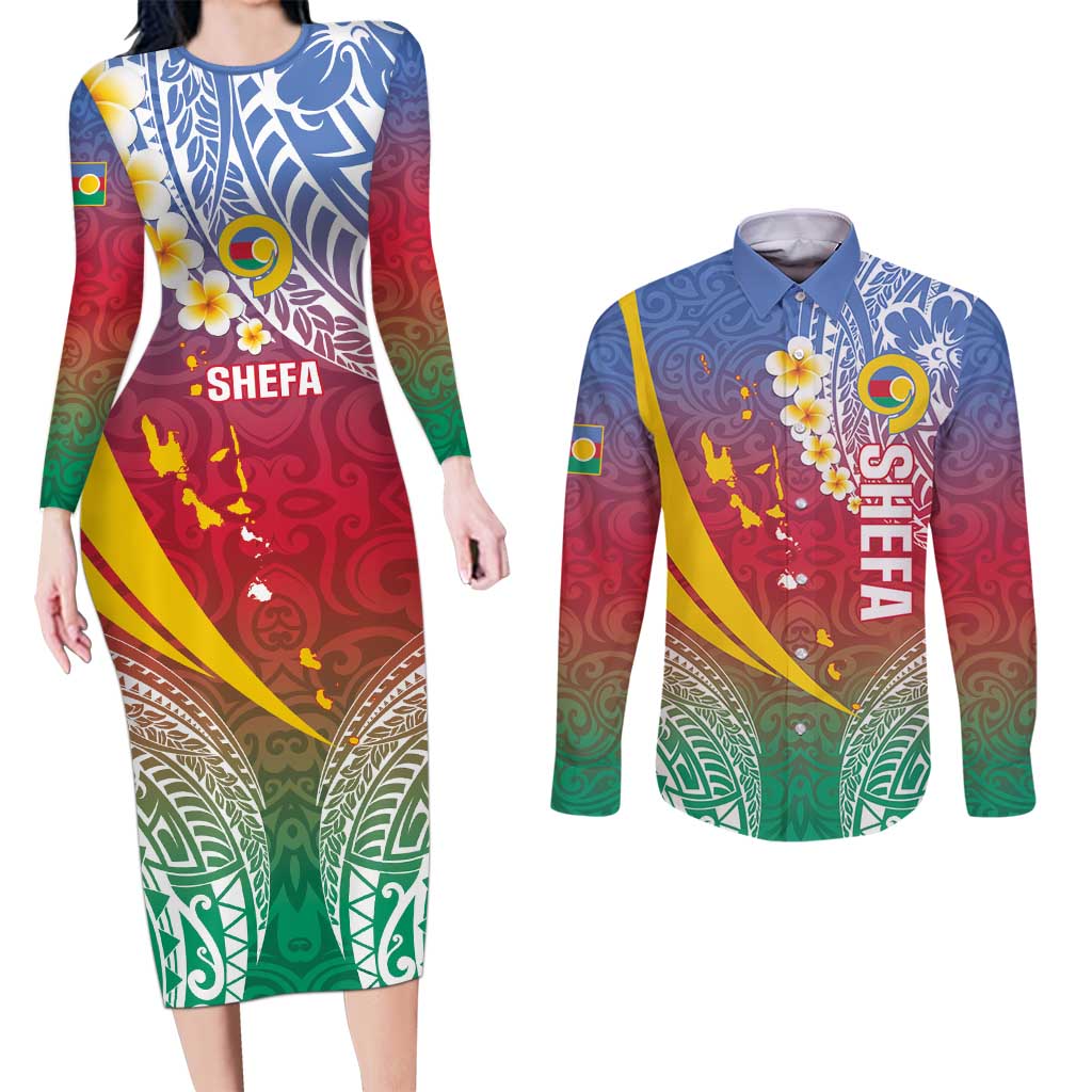Shefa Province Couples Matching Long Sleeve Bodycon Dress and Long Sleeve Button Shirt Vanuatu Pattern Map - Plumeria Flag Color LT14 Red - Polynesian Pride