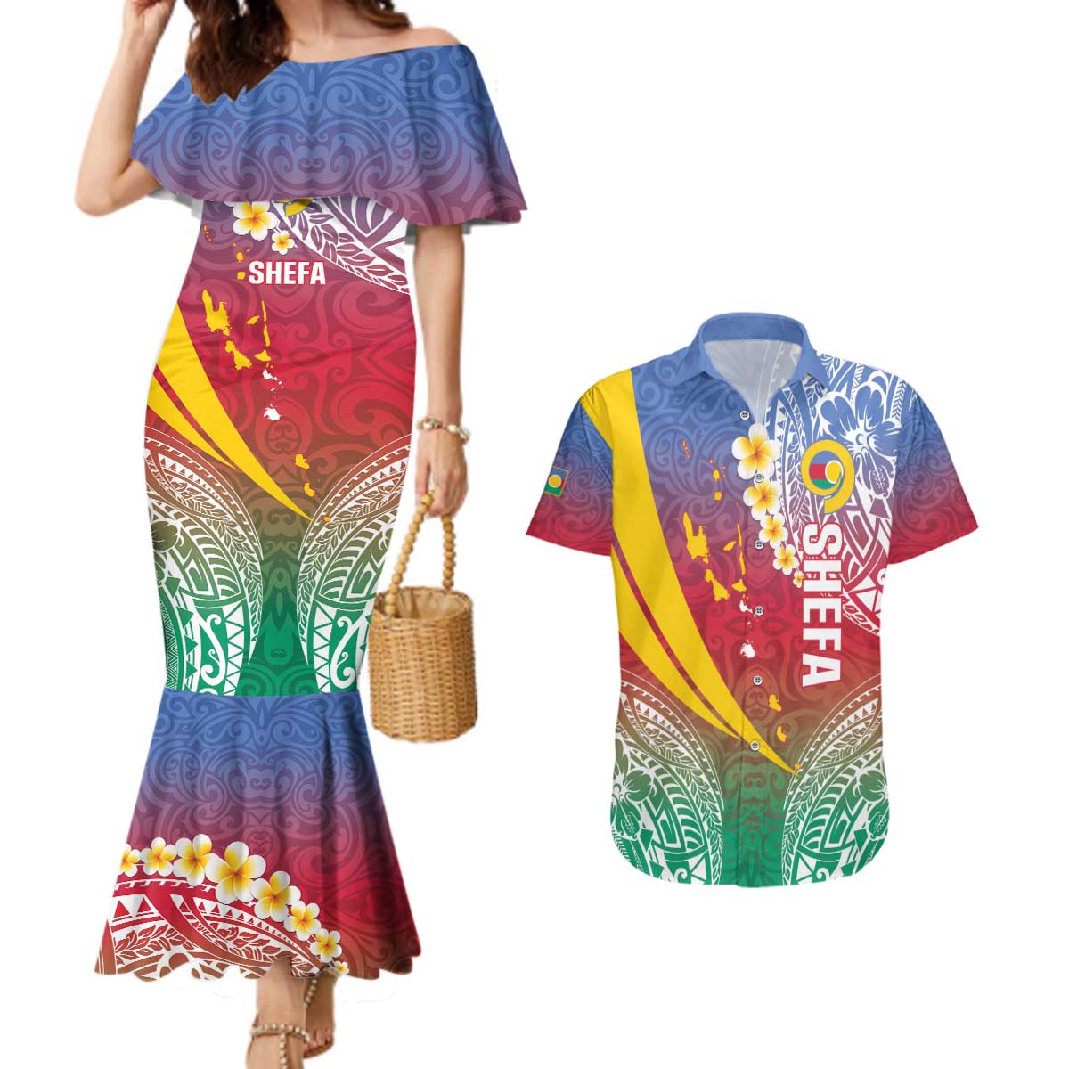 Shefa Province Couples Matching Mermaid Dress and Hawaiian Shirt Vanuatu Pattern Map - Plumeria Flag Color