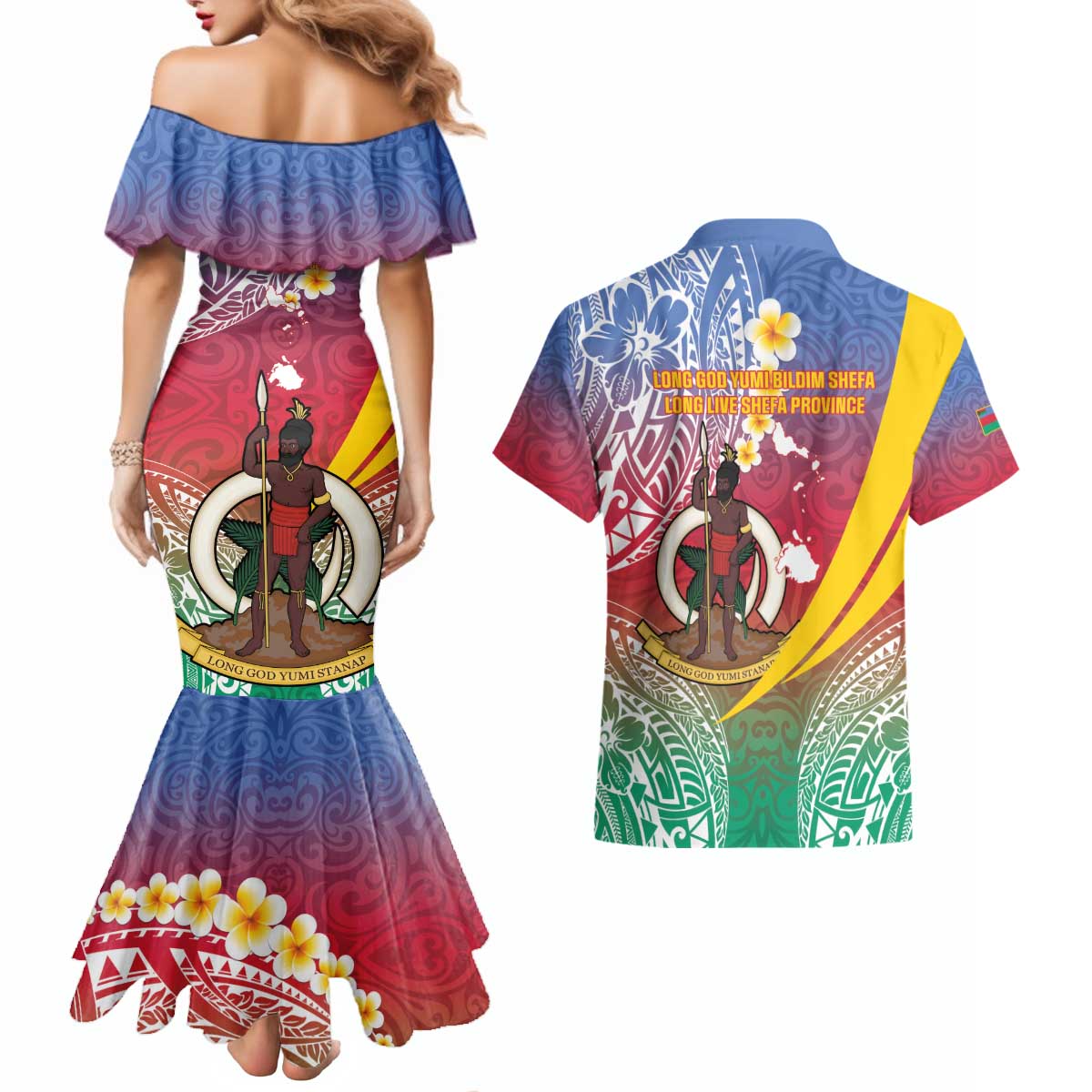 Shefa Province Couples Matching Mermaid Dress and Hawaiian Shirt Vanuatu Pattern Map - Plumeria Flag Color