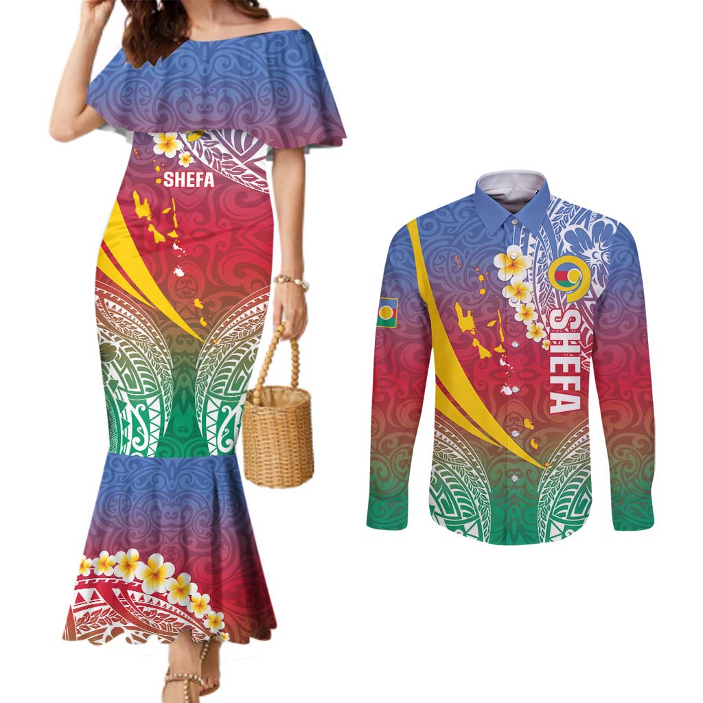 Shefa Province Couples Matching Mermaid Dress and Long Sleeve Button Shirt Vanuatu Pattern Map - Plumeria Flag Color LT14 Red - Polynesian Pride