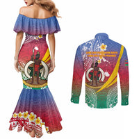 Shefa Province Couples Matching Mermaid Dress and Long Sleeve Button Shirt Vanuatu Pattern Map - Plumeria Flag Color LT14 - Polynesian Pride