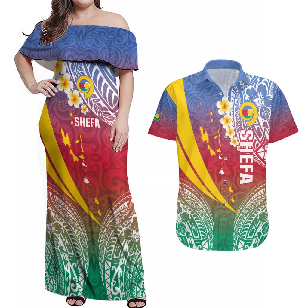 Shefa Province Couples Matching Off Shoulder Maxi Dress and Hawaiian Shirt Vanuatu Pattern Map - Plumeria Flag Color