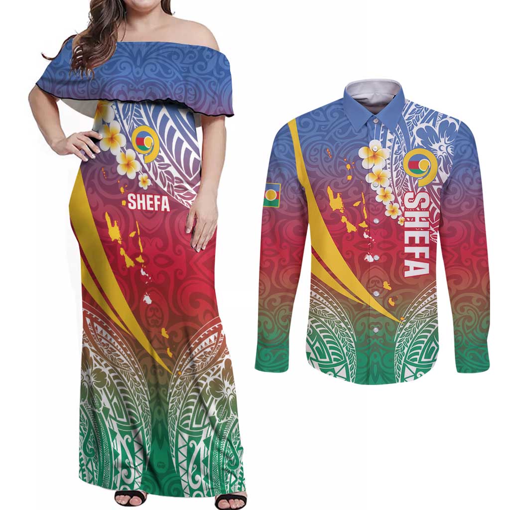 Shefa Province Couples Matching Off Shoulder Maxi Dress and Long Sleeve Button Shirt Vanuatu Pattern Map - Plumeria Flag Color LT14 Red - Polynesian Pride