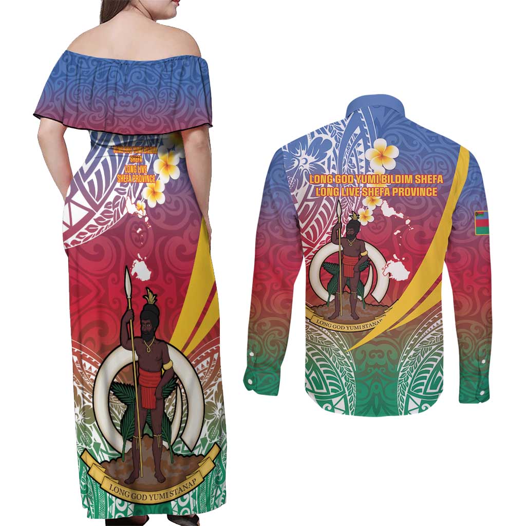 Shefa Province Couples Matching Off Shoulder Maxi Dress and Long Sleeve Button Shirt Vanuatu Pattern Map - Plumeria Flag Color LT14 - Polynesian Pride