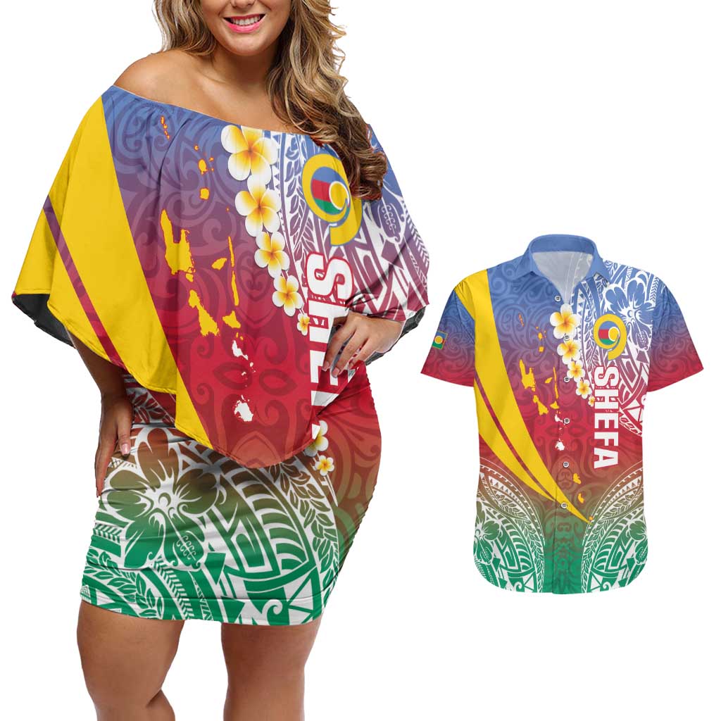 Shefa Province Couples Matching Off Shoulder Short Dress and Hawaiian Shirt Vanuatu Pattern Map - Plumeria Flag Color LT14 Red - Polynesian Pride