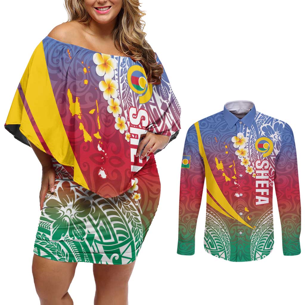 Shefa Province Couples Matching Off Shoulder Short Dress and Long Sleeve Button Shirt Vanuatu Pattern Map - Plumeria Flag Color LT14 Red - Polynesian Pride