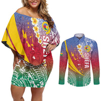 Shefa Province Couples Matching Off Shoulder Short Dress and Long Sleeve Button Shirt Vanuatu Pattern Map - Plumeria Flag Color LT14 Red - Polynesian Pride