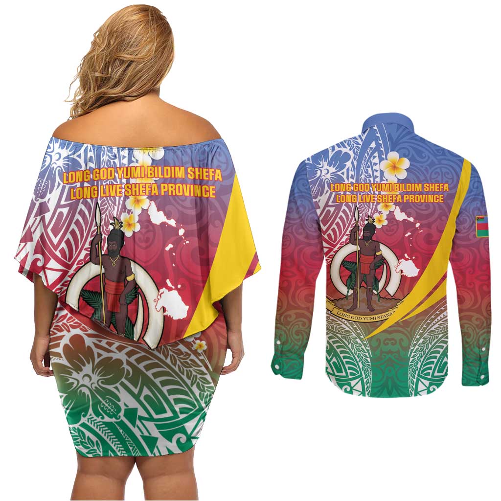 Shefa Province Couples Matching Off Shoulder Short Dress and Long Sleeve Button Shirt Vanuatu Pattern Map - Plumeria Flag Color LT14 - Polynesian Pride