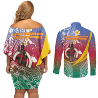 Shefa Province Couples Matching Off Shoulder Short Dress and Long Sleeve Button Shirt Vanuatu Pattern Map - Plumeria Flag Color LT14 - Polynesian Pride