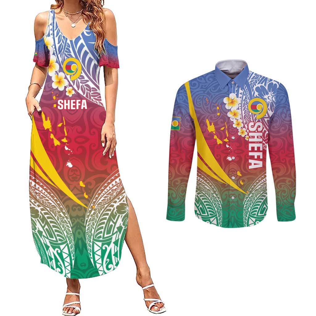 Shefa Province Couples Matching Summer Maxi Dress and Long Sleeve Button Shirt Vanuatu Pattern Map - Plumeria Flag Color LT14 Red - Polynesian Pride