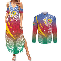 Shefa Province Couples Matching Summer Maxi Dress and Long Sleeve Button Shirt Vanuatu Pattern Map - Plumeria Flag Color LT14 Red - Polynesian Pride
