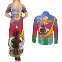 Shefa Province Couples Matching Summer Maxi Dress and Long Sleeve Button Shirt Vanuatu Pattern Map - Plumeria Flag Color LT14 - Polynesian Pride