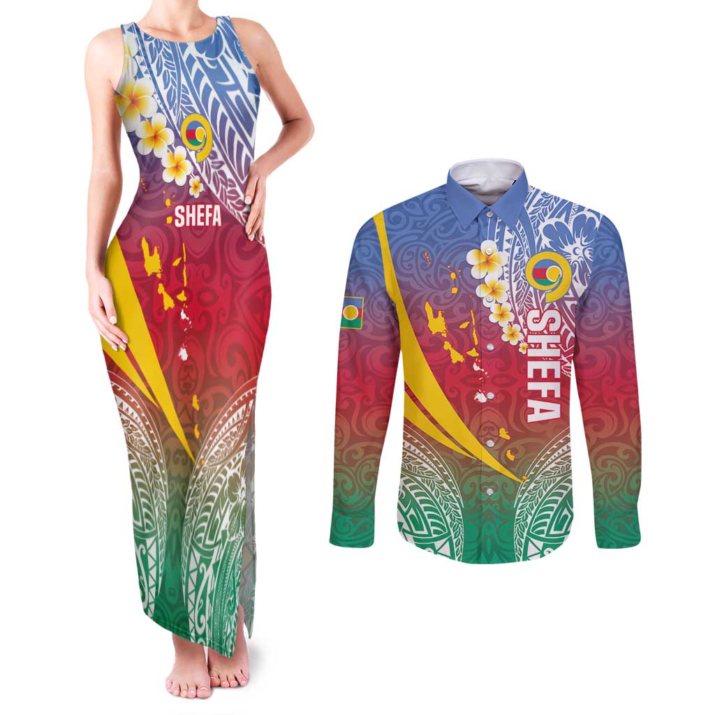 Shefa Province Couples Matching Tank Maxi Dress and Long Sleeve Button Shirt Vanuatu Pattern Map - Plumeria Flag Color LT14 Red - Polynesian Pride