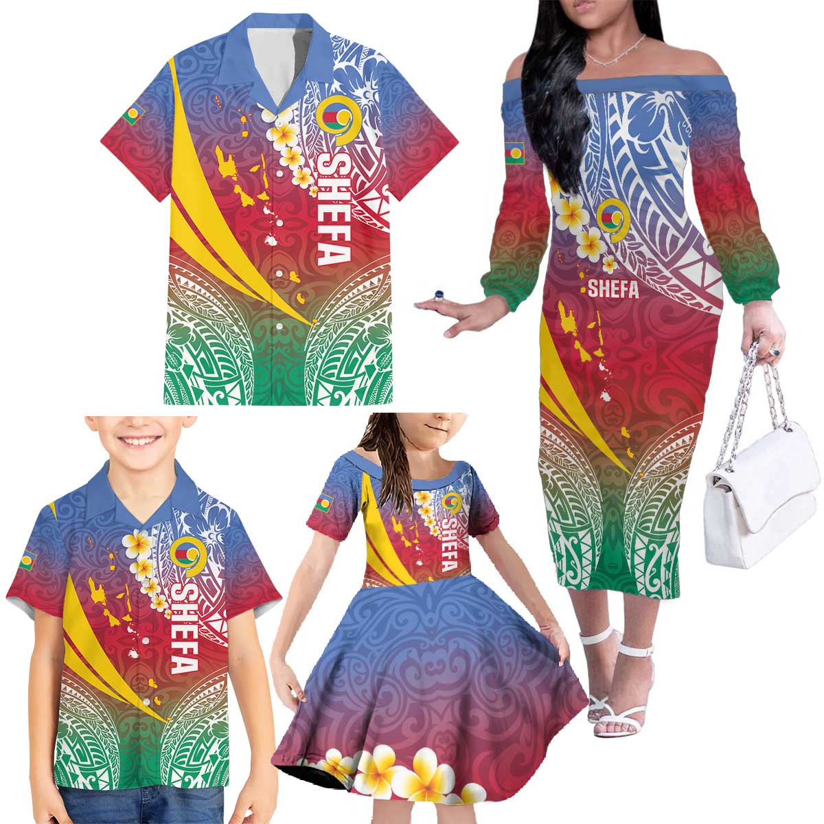 Shefa Province Family Matching Off The Shoulder Long Sleeve Dress and Hawaiian Shirt Vanuatu Pattern Map - Plumeria Flag Color LT14 - Polynesian Pride