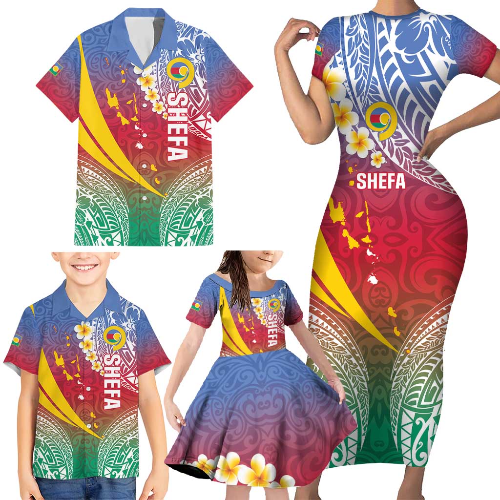 Shefa Province Family Matching Short Sleeve Bodycon Dress and Hawaiian Shirt Vanuatu Pattern Map - Plumeria Flag Color