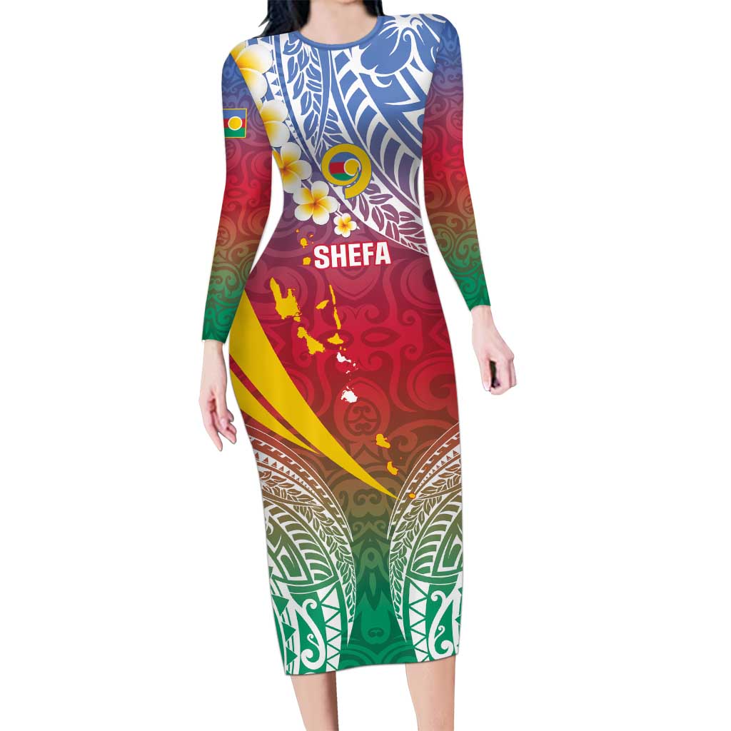 Shefa Province Long Sleeve Bodycon Dress Vanuatu Pattern Map - Plumeria Flag Color