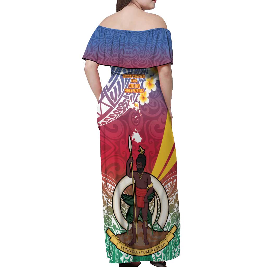Shefa Province Off Shoulder Maxi Dress Vanuatu Pattern Map - Plumeria Flag Color LT14 - Polynesian Pride