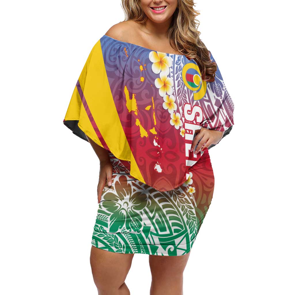 Shefa Province Off Shoulder Short Dress Vanuatu Pattern Map - Plumeria Flag Color LT14 Women Red - Polynesian Pride