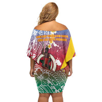 Shefa Province Off Shoulder Short Dress Vanuatu Pattern Map - Plumeria Flag Color LT14 - Polynesian Pride