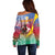 Shefa Province Off Shoulder Sweater Vanuatu Pattern Map - Plumeria Flag Color