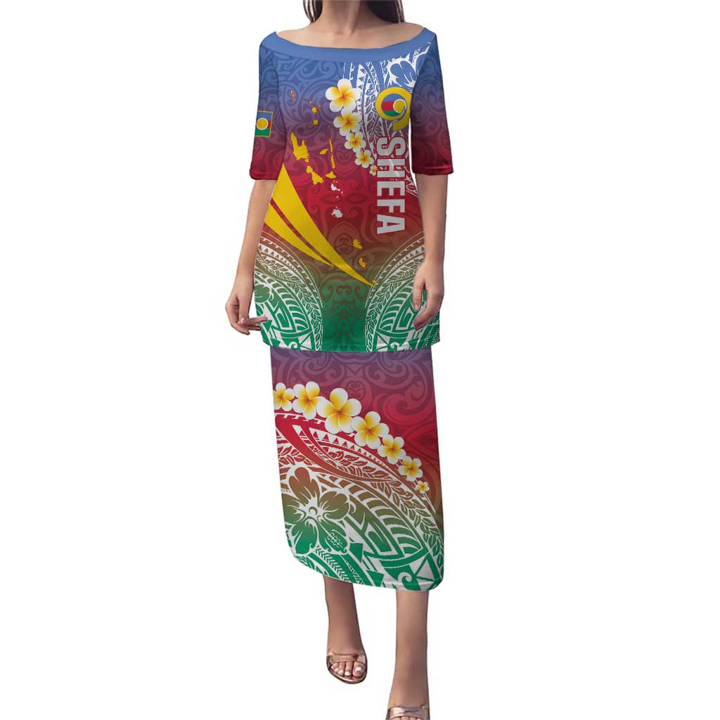 Shefa Province Puletasi Vanuatu Pattern Map - Plumeria Flag Color LT14 Long Dress Red - Polynesian Pride