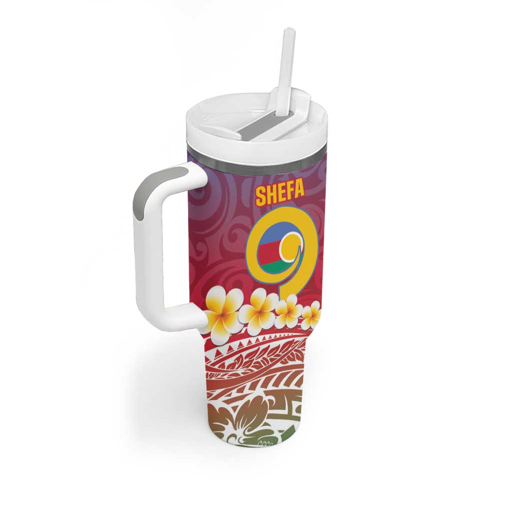 Shefa Province Tumbler With Handle Vanuatu Pattern Map With Plumeria Flag Color LT14 - Polynesian Pride