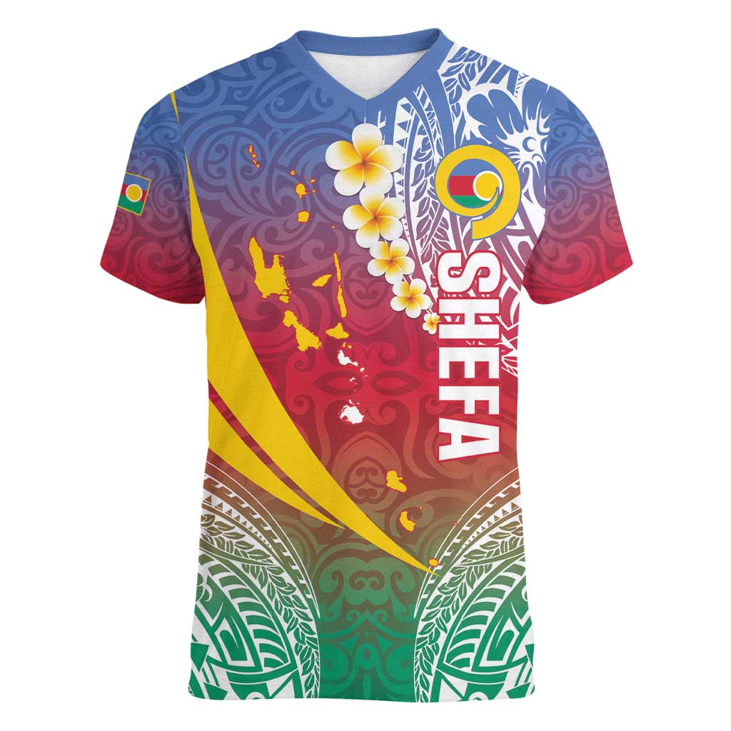 Shefa Province Women V-Neck T-Shirt Vanuatu Pattern Map - Plumeria Flag Color LT14 Female Red - Polynesian Pride