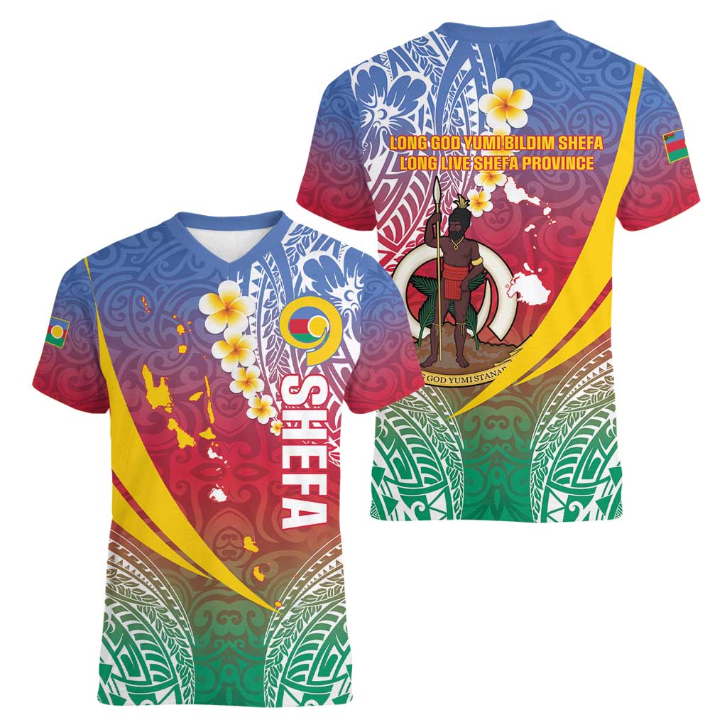 Shefa Province Women V-Neck T-Shirt Vanuatu Pattern Map - Plumeria Flag Color LT14 - Polynesian Pride