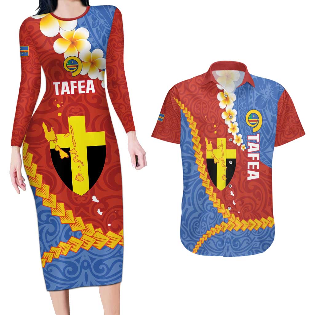 Tafea Province Couples Matching Long Sleeve Bodycon Dress and Hawaiian Shirt Vanuatu Pattern Map - Plumeria Flag Color