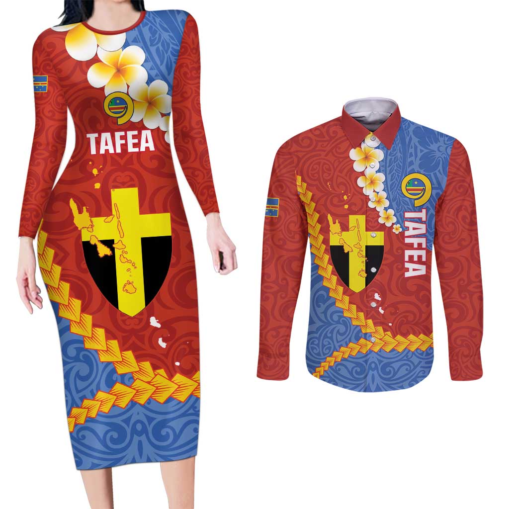 Tafea Province Couples Matching Long Sleeve Bodycon Dress and Long Sleeve Button Shirt Vanuatu Pattern Map - Plumeria Flag Color LT14 Red - Polynesian Pride