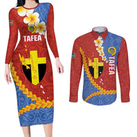 Tafea Province Couples Matching Long Sleeve Bodycon Dress and Long Sleeve Button Shirt Vanuatu Pattern Map - Plumeria Flag Color LT14 Red - Polynesian Pride