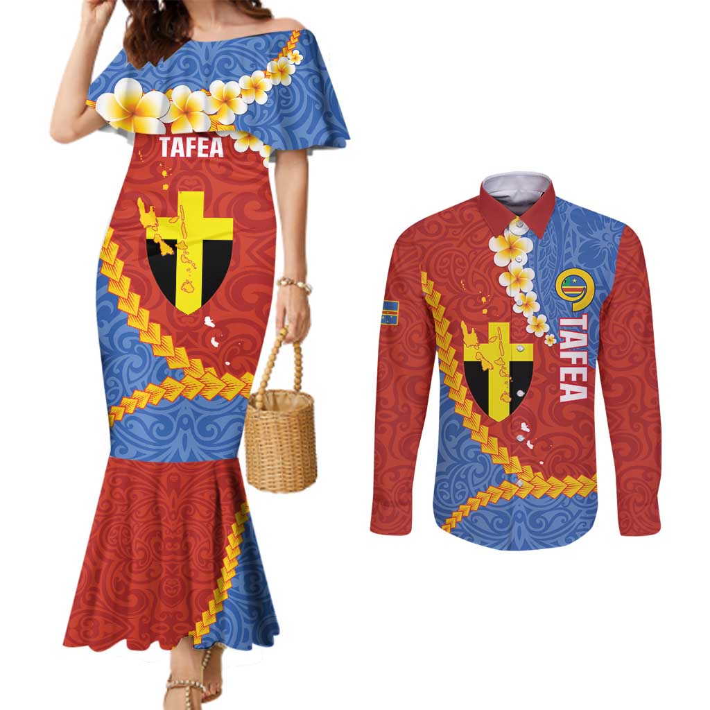 Tafea Province Couples Matching Mermaid Dress and Long Sleeve Button Shirt Vanuatu Pattern Map - Plumeria Flag Color LT14 Red - Polynesian Pride