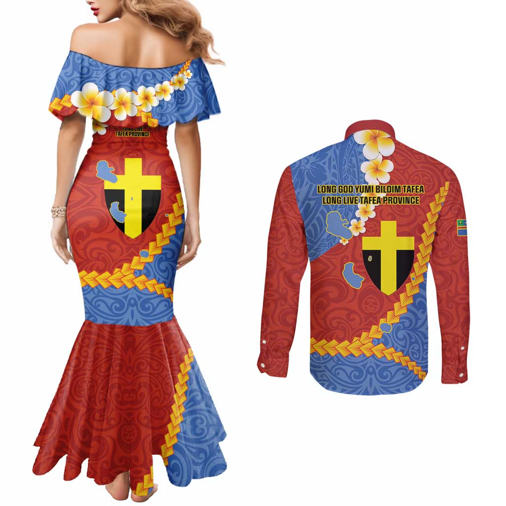 Tafea Province Couples Matching Mermaid Dress and Long Sleeve Button Shirt Vanuatu Pattern Map - Plumeria Flag Color LT14 - Polynesian Pride