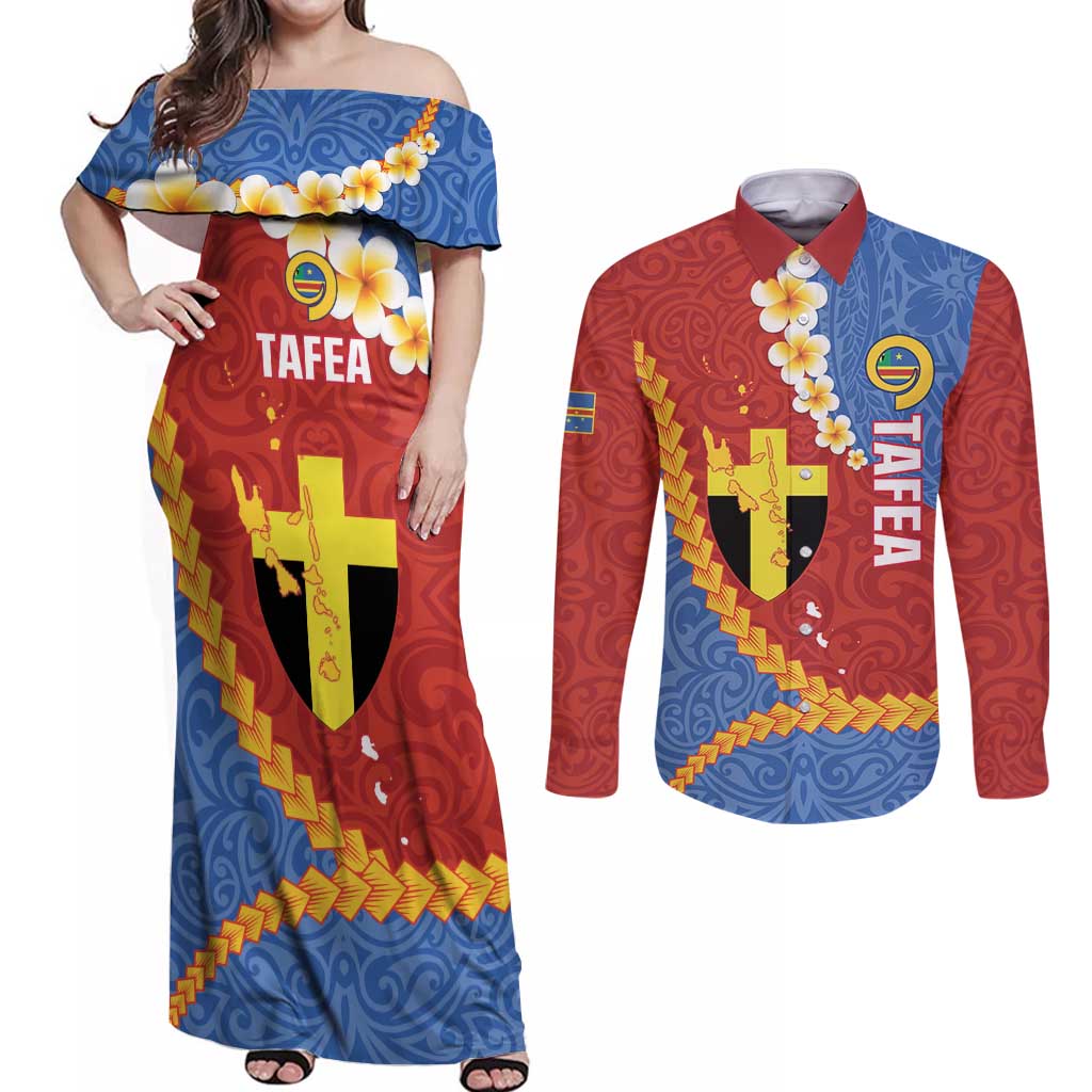 Tafea Province Couples Matching Off Shoulder Maxi Dress and Long Sleeve Button Shirt Vanuatu Pattern Map - Plumeria Flag Color LT14 Red - Polynesian Pride